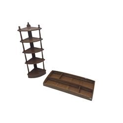 Ercol - elm five tier corner shelf (H126cm); Ercol elm wall hanging plate rack (W107cm, H49cm)