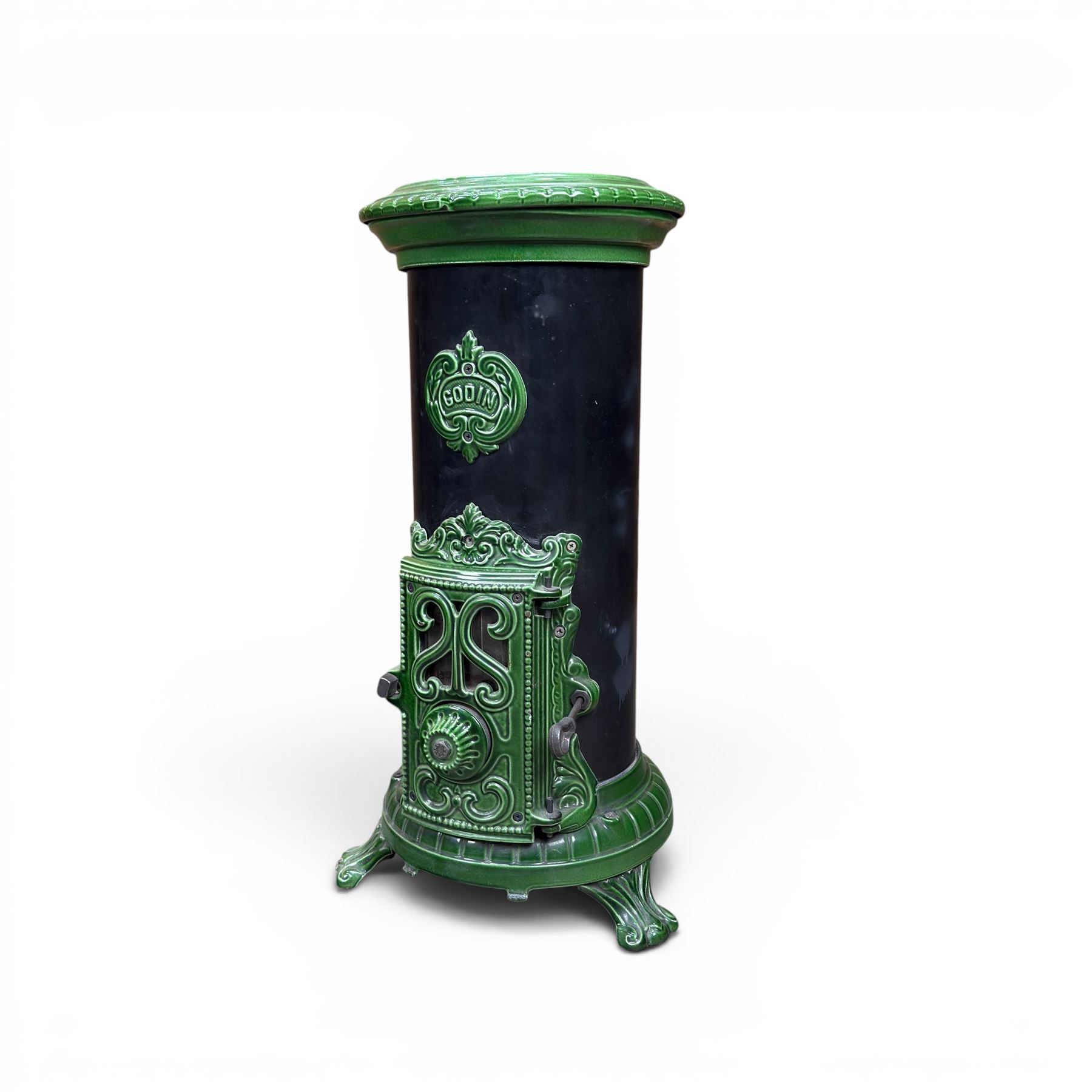 French Godin cast iron enamel stove, circular form, finished in green and black paint