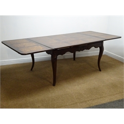  French walnut extending dining table, draw leaf top with burr walnut panels, shaped frieze on shell carved angular cabriole legs, H74cm, 105cm x 140cm - 250cm    