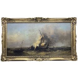 Attrib. William McAlpine (British fl.1820-1883): Dismasted Ship of the Line, oil on canvas signed with initials and dated 1868, 60cm x 116cm
