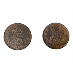 Two Queen Victoria 'bun head' penny coins, dated 1860 and 1862