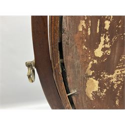 George III mahogany toilet mirror, the oval swing mirror upon curved supports with inlaid turned bone roundels, and serpentine fronted platform fitted with three draws, upon four bracket feet, H58cm W46cm D20cm