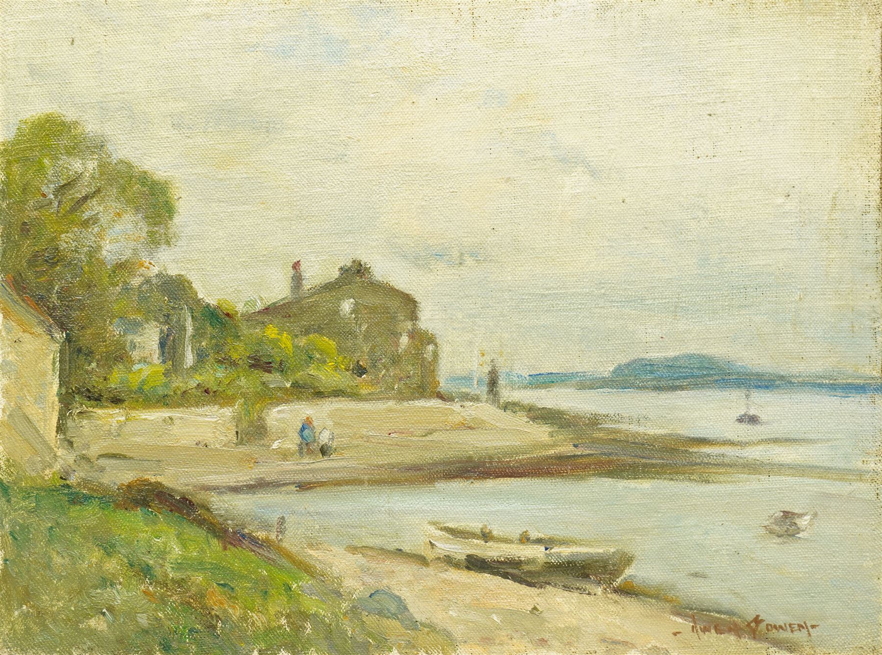 Owen Bowen (Staithes Group 1873-1967): Coastal Scene with Figures, oil on board signed 31cm x 40cm