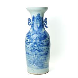 Large Chinese blue and white vase, late Qing dynasty, the neck mounted with twin handles, ...