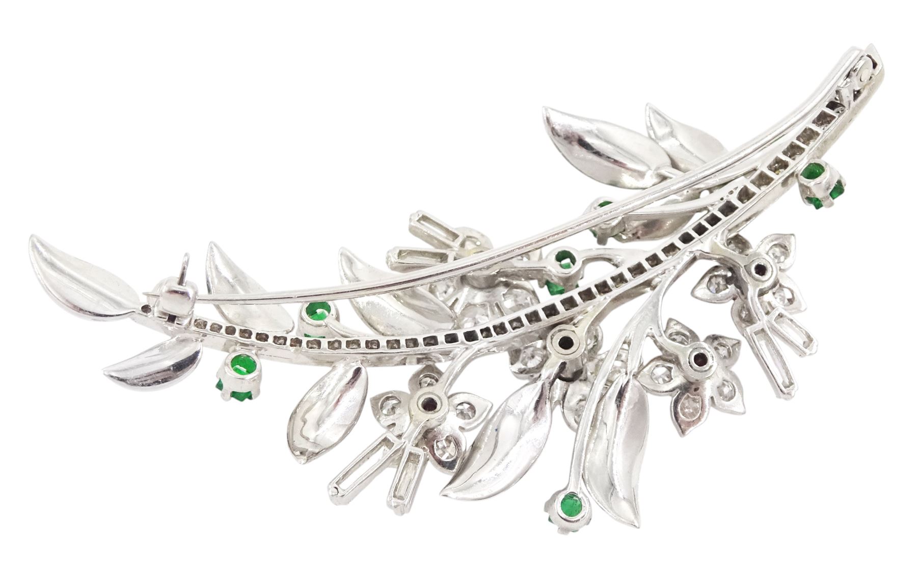 White gold old cut and single cut diamond, ruby and emerald flower spray brooch