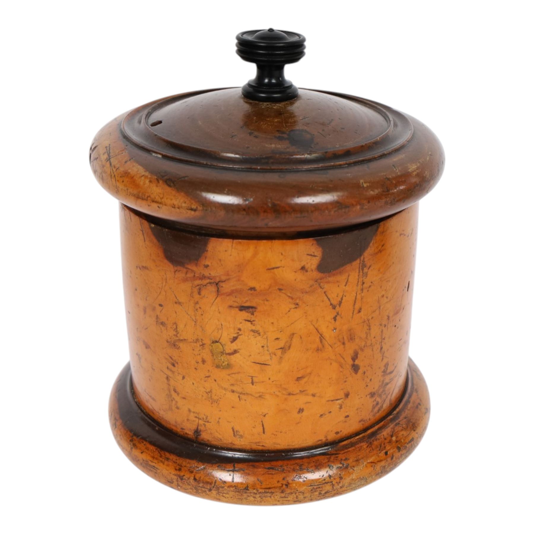 19th Century lignum vitae string box, the screw fitting cover with ebonised finial, H20cm