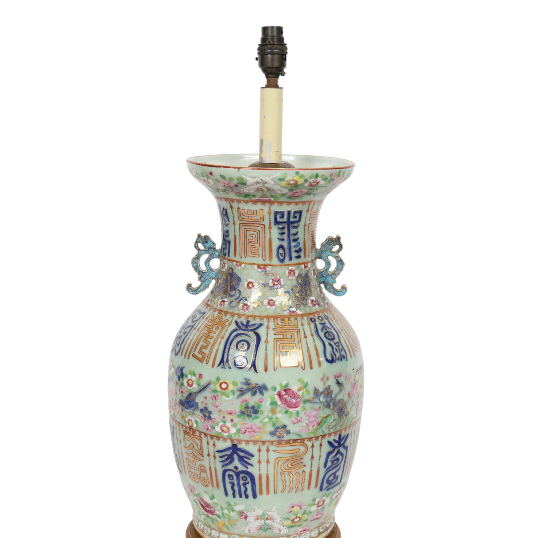 Early 20th century Chinese celadon ground vase, converted to lamp, of baluster form with flared neck and applied twin scroll handles to shoulders, the body decorated with polychrome enamels of birds amongst flowering branches, between bands of archaistic characters in blue, iron red and gilt, including fittings H60cm