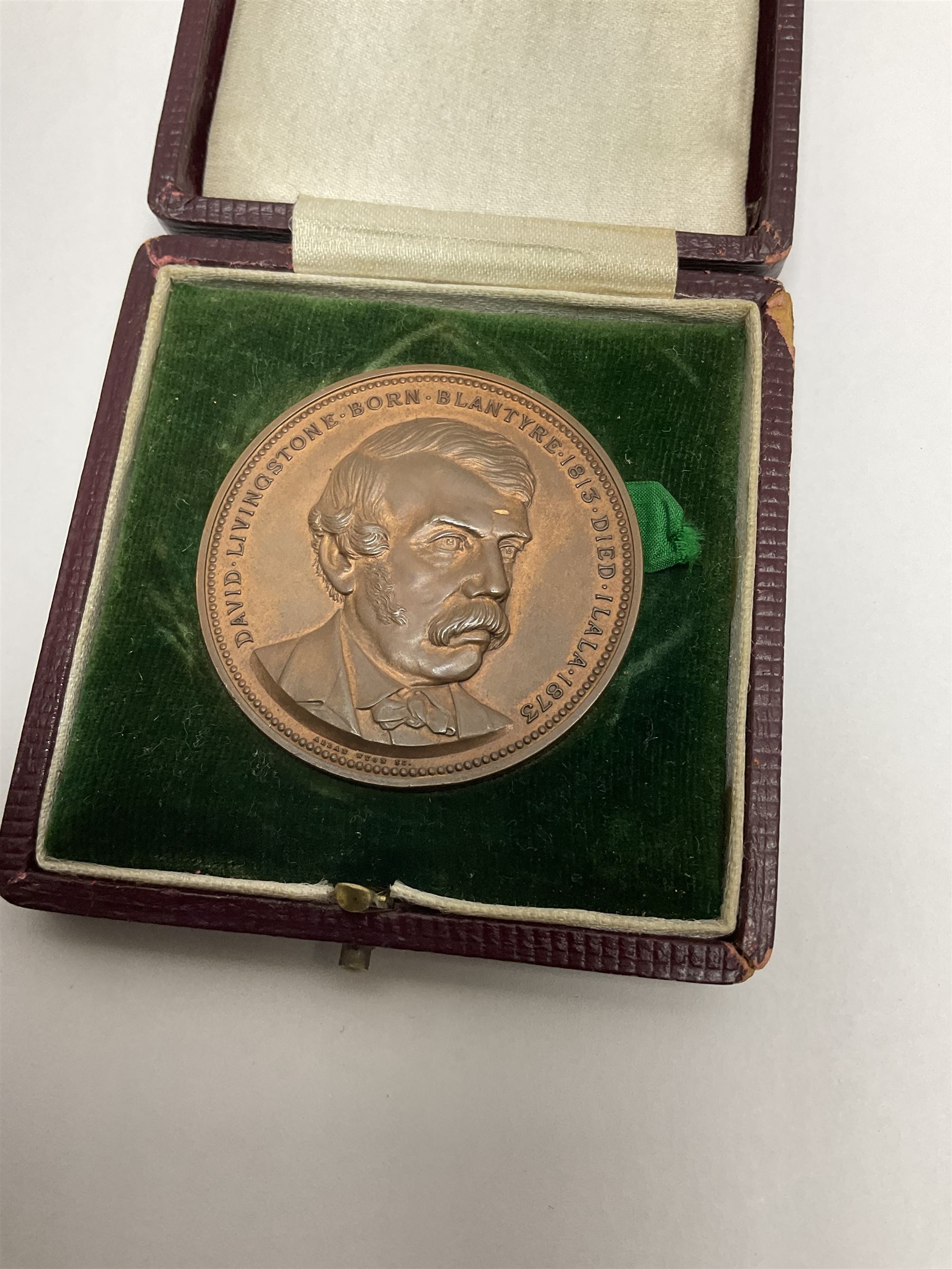 David Livingstone (1813-1873) commemorative medallion celebrating the Centenary of his birth, by Allan Wyon, struck on the Centenary of Livingstone's birth in 1913, in original maroon case 'Livingstone Centenary 1913' to the lid