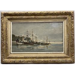 Paul Pouchol (French 1903-1964): 'Les Bateaux du Cinema', oil on canvas signed, titled on labels verso 23cm x 40cm 