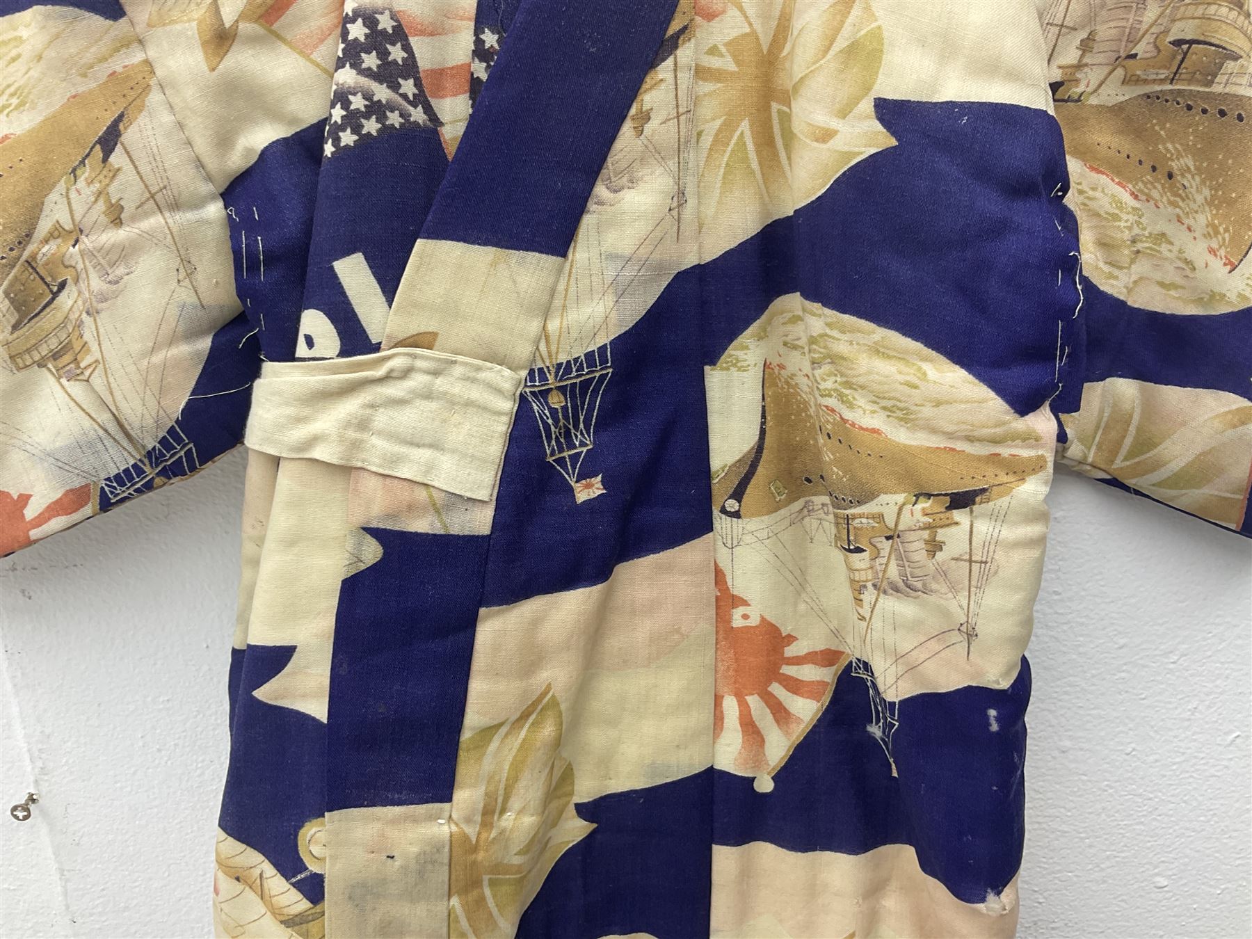 1930s Japanese fully lined kimono decorated with Japanese naval vessels and bi-planes, Japanese, American and British flags and dated 1935; looks to be child's size