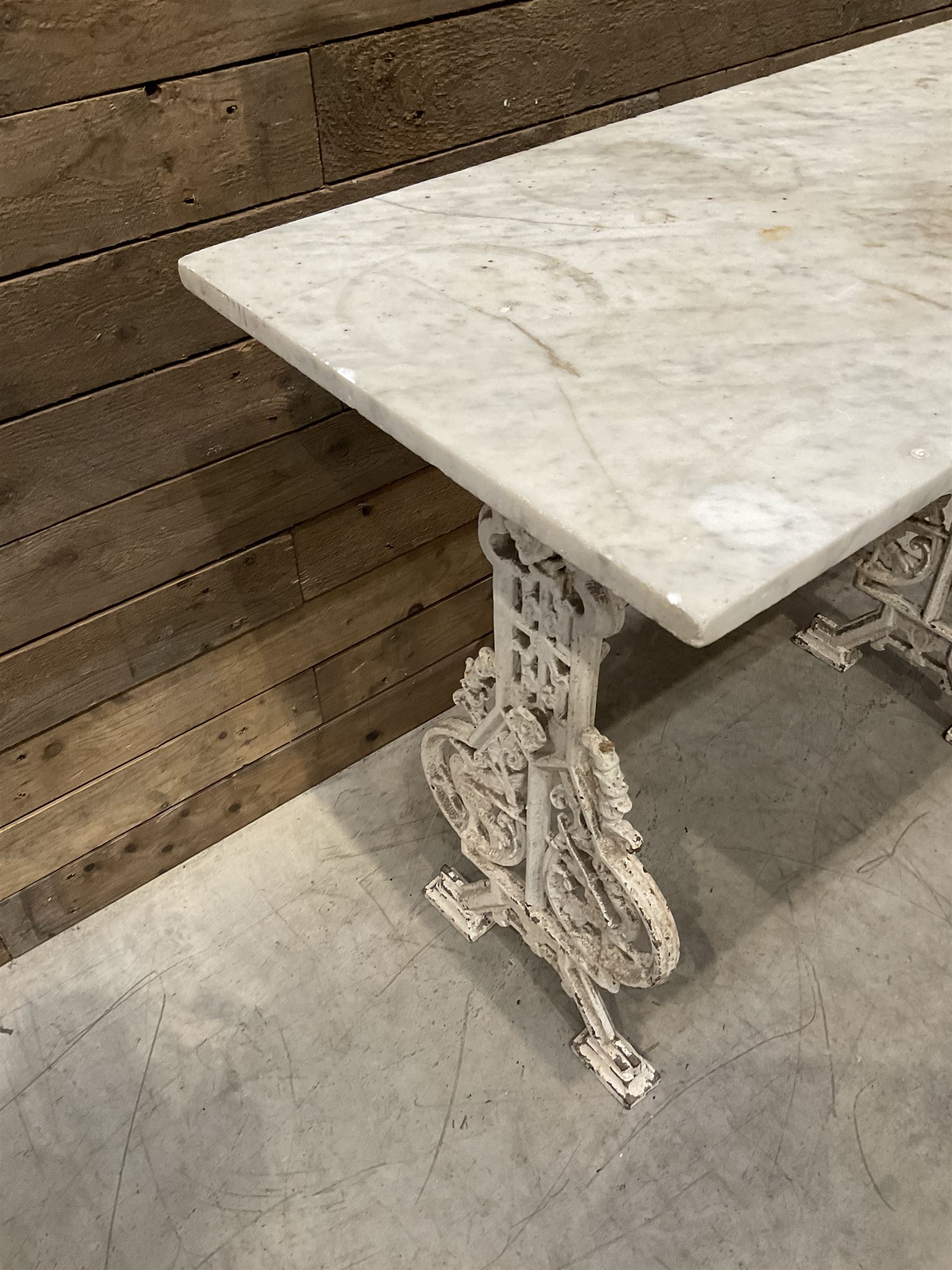 19th century Coalbrookdale design cast iron garden table, with rectangular marble top
