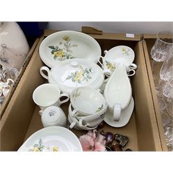 Wedgwood Golden Glory pattern tea and dinner wares, Coalport Countryware cups, Noritake flowers, Hornsea Palladio vase, other glassware and ceramics etc in three boxes