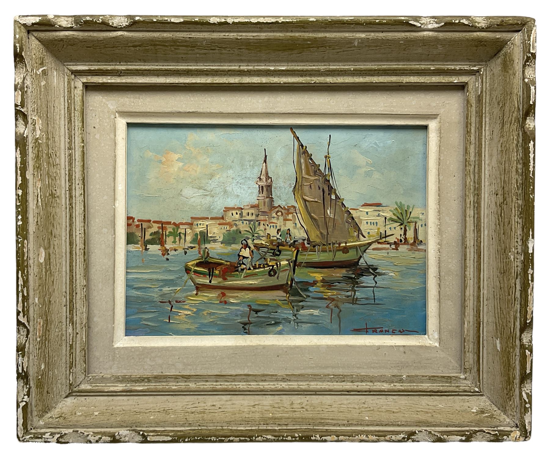 Bernard Franco (French 20th century): 'San Remo (Sanremo)' Italy, oil on board signed, labelled verso and gold medal winner 14.5cm x 21cm