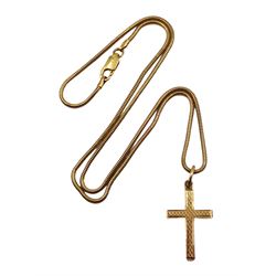9ct gold cross pendant necklace with engraved decoration, hallmarked, on a 9ct gold snake chain, stamped 375