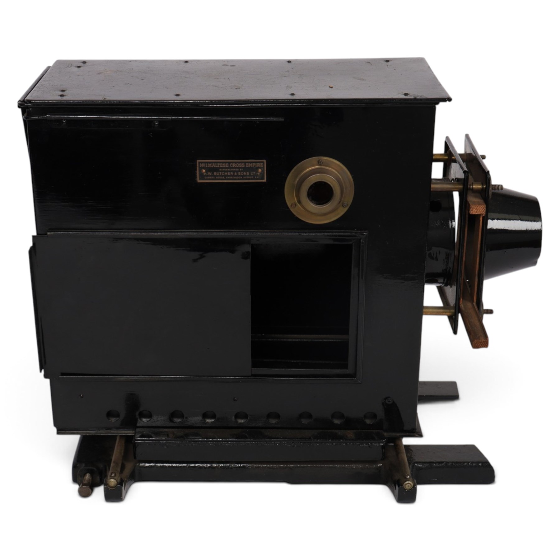 No. 1 Maltese Cross Empire lantern by W. Butcher & Sons together with a brass and black-japanned cine projector