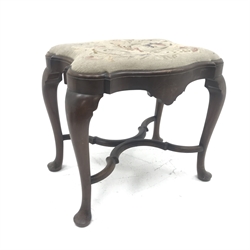 Late 19th/early 20th century mahogany serpentine dressing stool, upholstered needlework seat, cabriole legs joined by shaped stretchers, W61cm, H54cm, D42cm