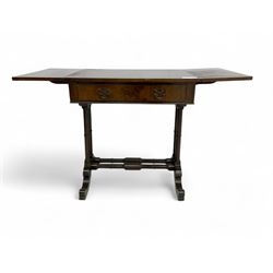 Small Victorian drop-leaf occasional table, rectangular top with drop sides and single frieze drawer, on turned supports and scrolled feet joined by twin stretchers