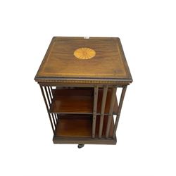 Maple & Co. London - Edwardian mahogany inlaid revolving bookcase, moulded square top with inlaid circular fan motif and satinwood banding, with circular label