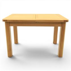 Modern oak extendable table and four chairs, extending top with stowable leaf (Extends to 152cm), chairs with brown upholstery and tapered square legs