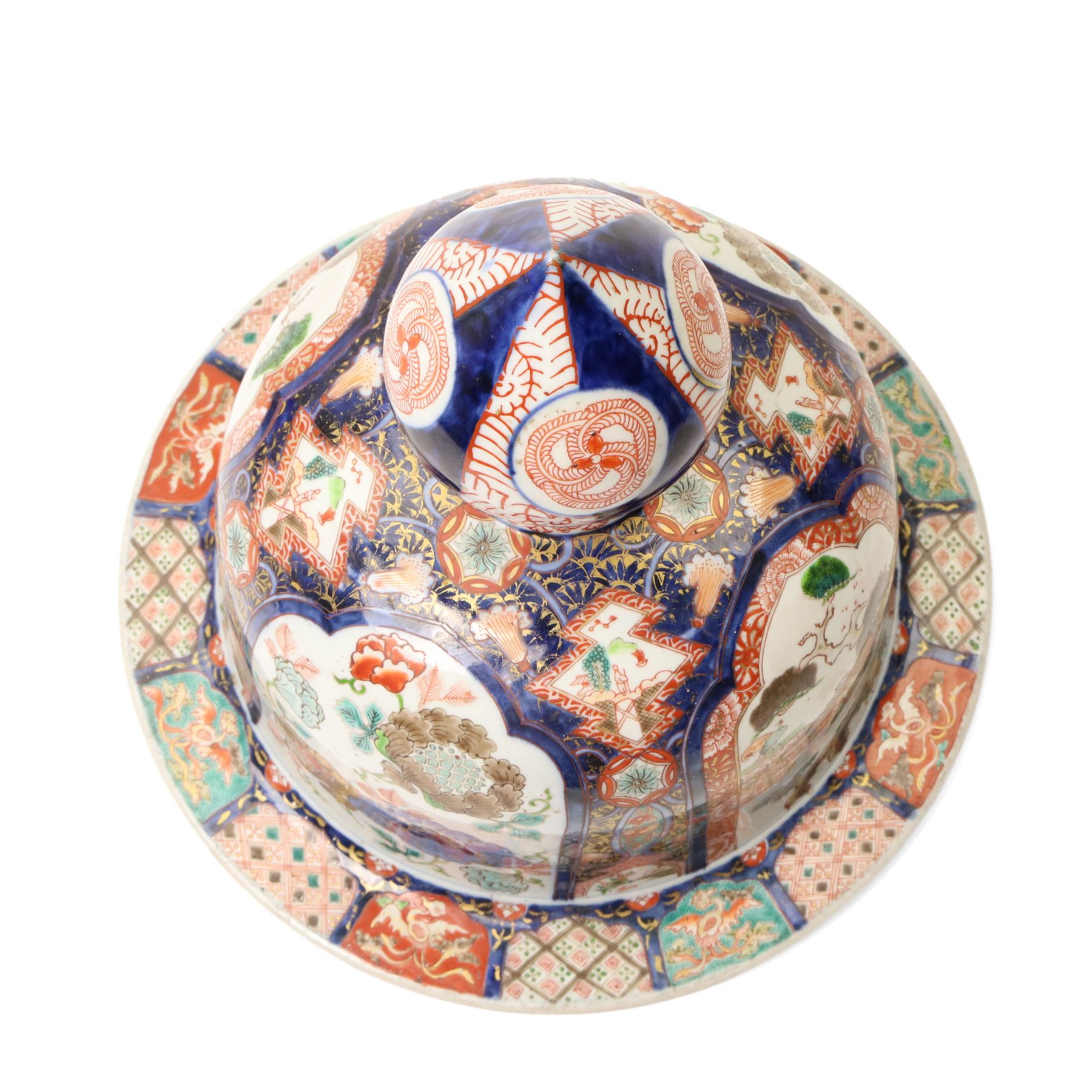 Japanese large Imari vase cover decorated with panels of flowers in orange, blue and gilt D33cm