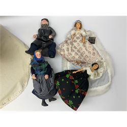 Large stuffed figure of Mother Goose, Ann Fuller designs Jack in the box and another with mother and baby, two Sheena Macleod Highland character dolls, Mole End tape measure, Peggy Nisbet Queen Elizabeth and others etc, tallest H85cm