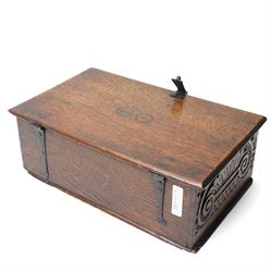 18th century oak desk box with plain hinged lid, the sides and front carved with stylised leaves and scrolls 40cm x 24cm x 14cm