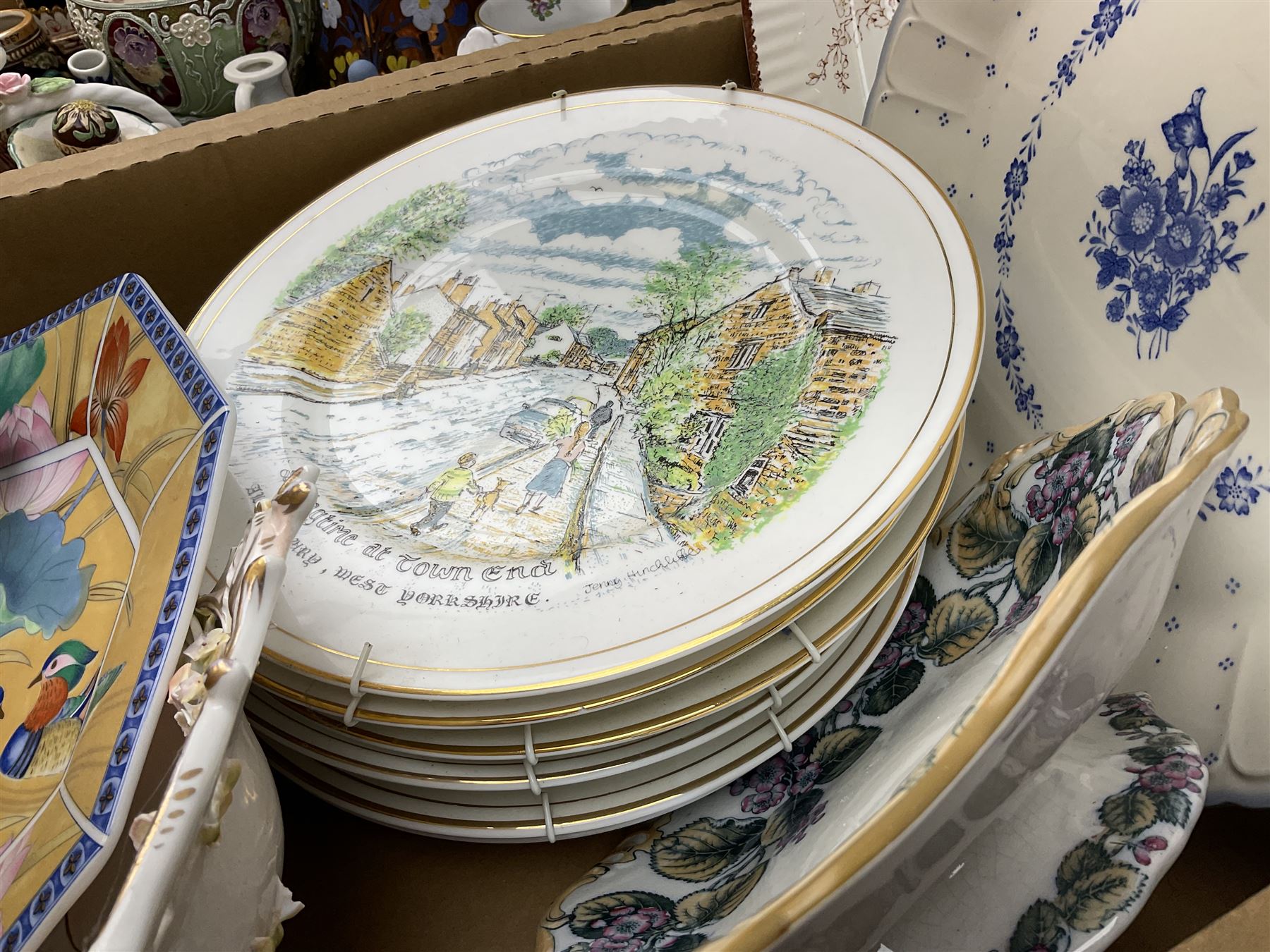 Wedgwood Jasperware lidded cylindrical jar and tulip vase, Spode Copeland's jug, two luster jugs, and other decorative ceramics and collectables, in two boxes 