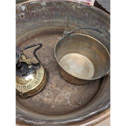 Large brass jam pan, smaller example, Duo Burn burner and three blue and white ceramic bowls/platters, largest pan D38cm
