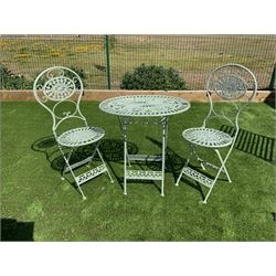 Oval green metal folding garden bistro table, and two matching folding chairs - THIS LOT IS TO BE COLLECTED BY APPOINTMENT FROM DUGGLEBY STORAGE, GREAT HILL, EASTFIELD, SCARBOROUGH, YO11 3TX
