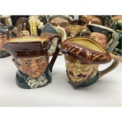 Large collection of Royal Doulton character jugs, to include Robinson Crusoe D6532, Tam O Shanter D6632, The Falconer D6533 etc, together with similar charater jugs and toby jugs   