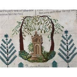 Victorian needlework  picture and verse sampler, 'In memory of Joshua Thomas who died Sep 22nd 1871 age 45', worked by Rebecca Emmott 1872 age 21, H66cm, W61cm 