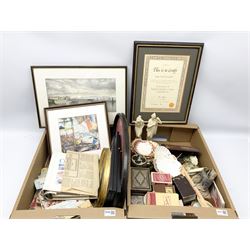 Assorted collectables, to include various pictures, including frames print of Bridlington, pair of composite classical female figures, assorted playing cards, printed portrait miniature, collection of shells, etc., in two boxes 