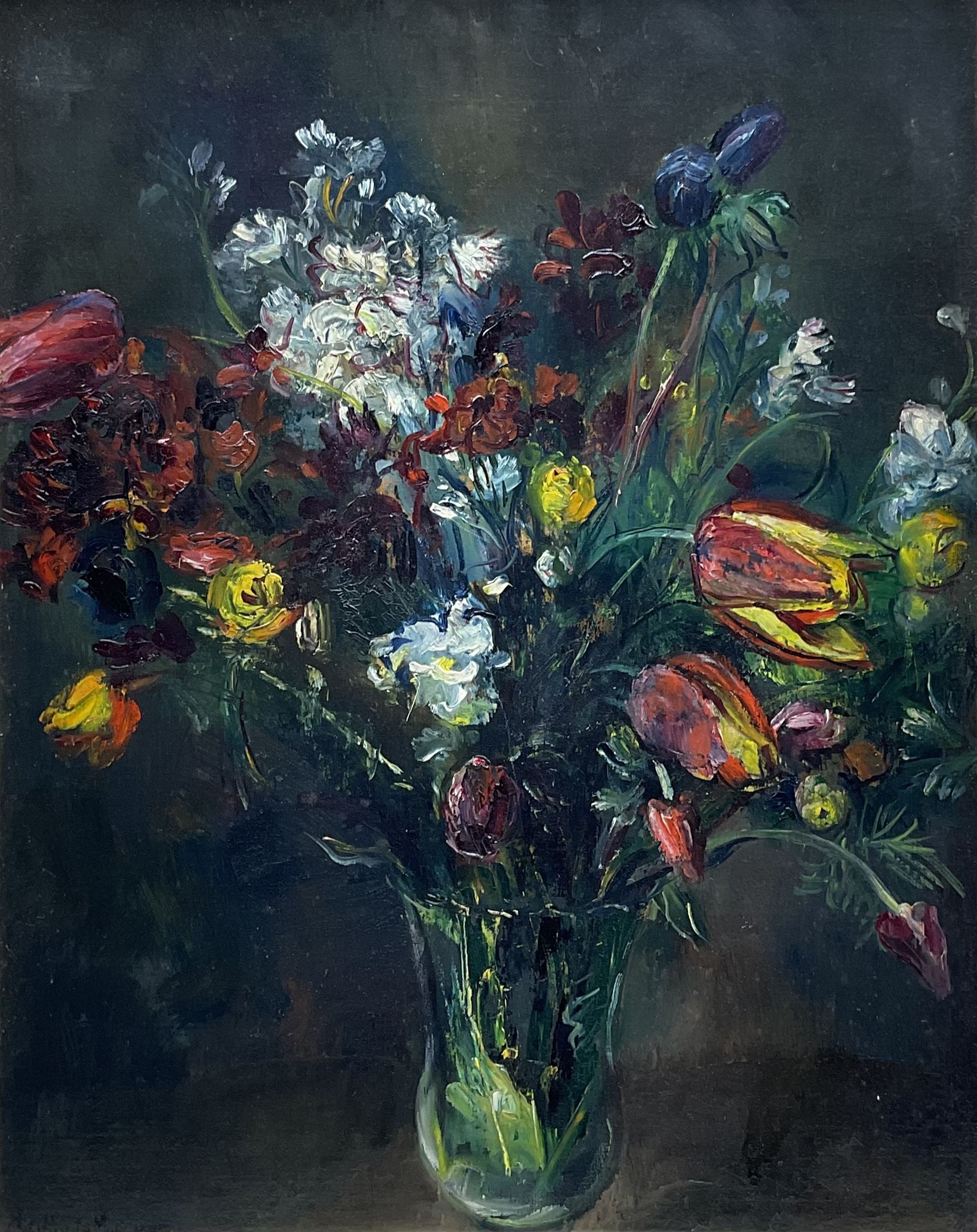 Christian de Moor (Dutch 1899-1981): Still Life of Tulips and other Flowers, oil on canvas laid on panel signed and dated 1945, 50cm x 39cm