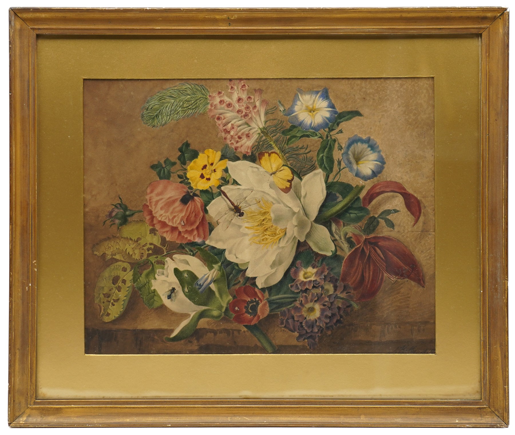 N Kelly (British 19th century): Still Life of Flowers and Insects, watercolour signed and dated 1819, 28cm x 36cm 