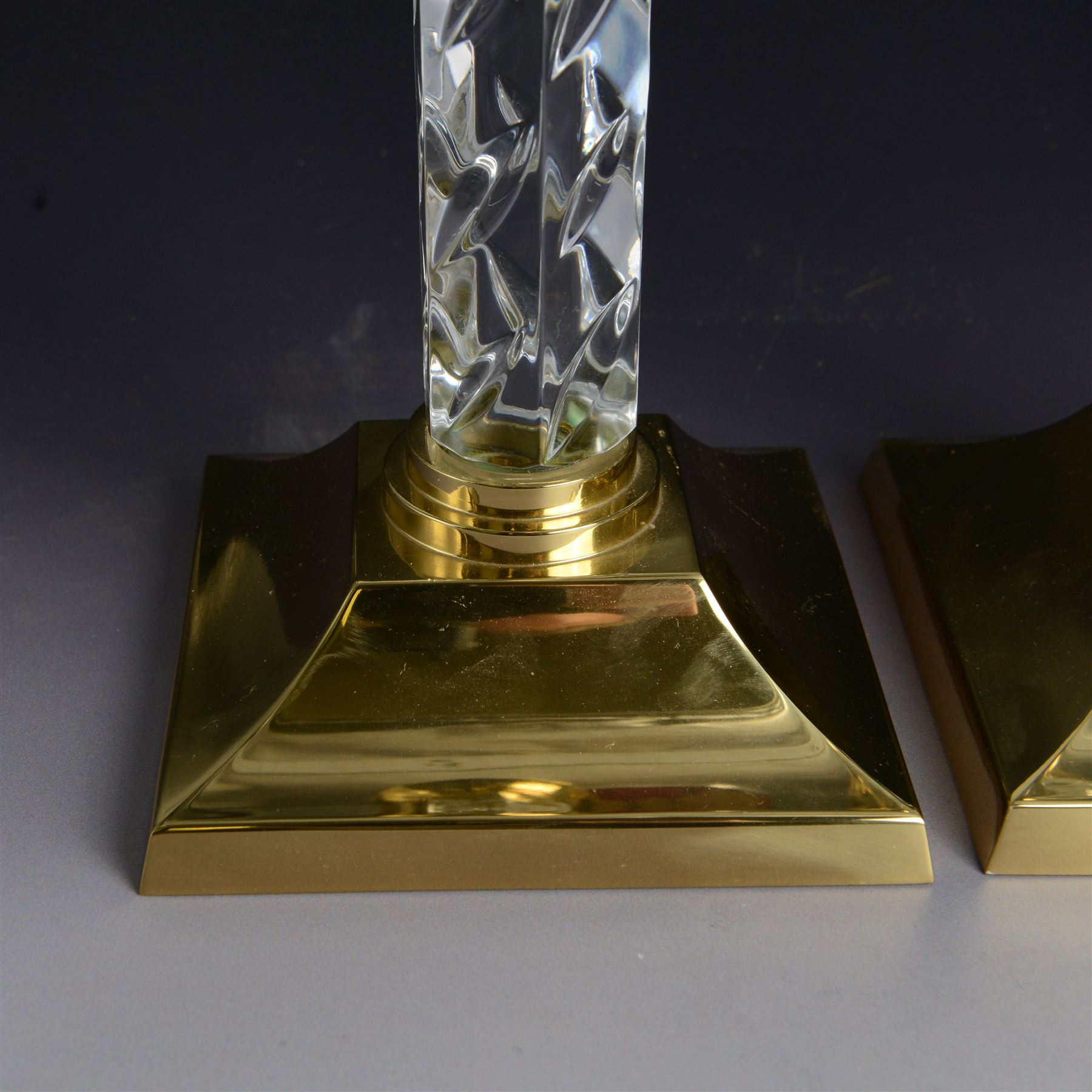 Pair of Waterford Cambridge cut glass and gilt metal candlesticks, H28cm