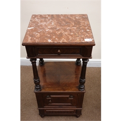  Matching pair 19th century rosewood and walnut marble top bedside cabinets, single frieze drawer, turned tapering reeded supports, marble lined cupboard, turned supports, W40cm, H90cm, D41cm (2)  