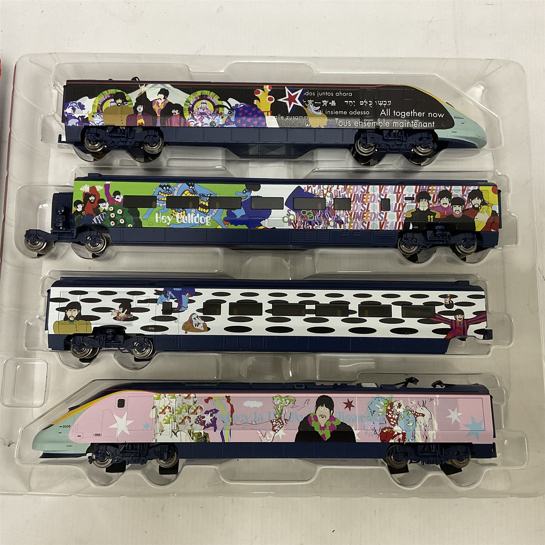 Hornby ‘00’ gauge - DCC ready The Beatles Yellow Submarine Eurostar Train Pack set 3005/3006 comprising Eurostar Class 373 Power Driving Unit, Eurostar Class 373 Dummy Driving Unit and two Eurostar Class 373 Passenger Saloons; in original box 