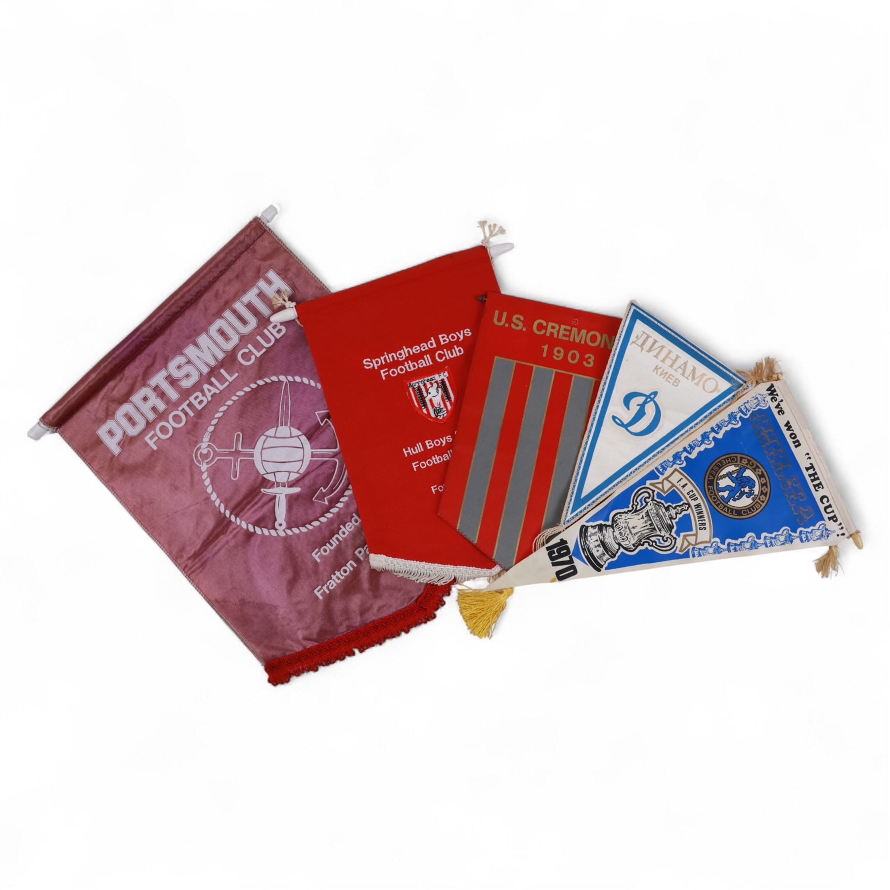 Eight football pennant flags, including Chelsea FA Cup Winners 1970, C.deF.Barcelona and two Leicester City examples, from the estate of Colin Appleton