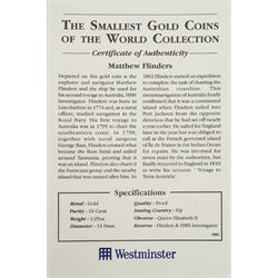Queen Elizabeth II Fiji 2002 fine gold 1/25 ounce 'Matthew Flinders' coin from 'The Smallest Gold Coins of the World Collection', with certificate