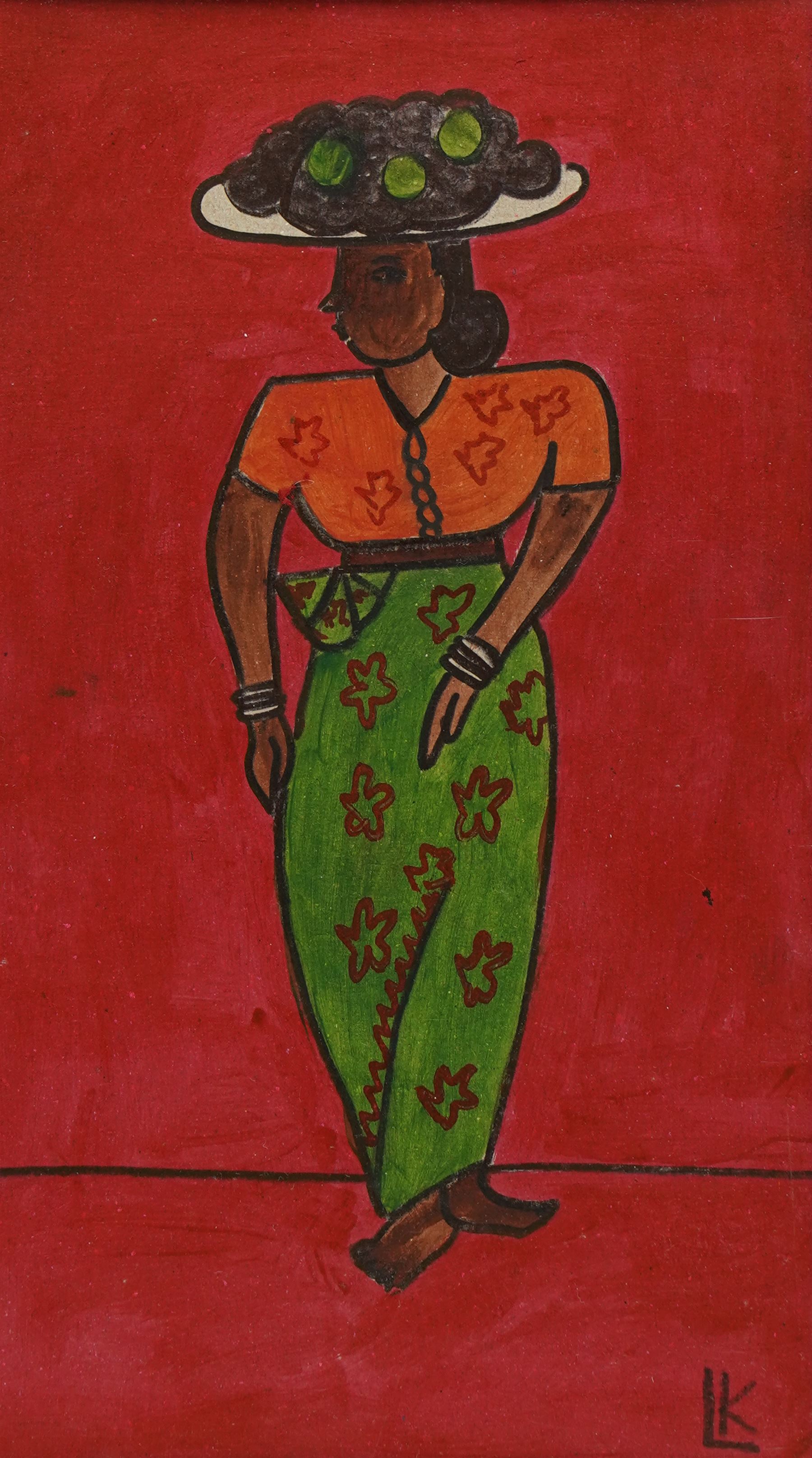  L K Karunaratne (Sri Lankan 1932-2013): 'Vattiamma', poster colour on card signed with initials 32cm x 18cm

Notes: Karunaratne was a key figure in Sri Lanka’s heritage conservation movement and a respected artist. Known for his work documenting Sri Lankan archaeology, he specialized in painting the rich traditions of the Kandyan period and Buddhist architecture. Vattiamma demonstrates his mastery of poster colour, capturing the essence of Sri Lankan life and culture. Karunaratne’s detailed studies of sites like Degaldoruwa and Medawala, as well as his extensive drawings of Kelaniya clay toys, highlight his dedication to preserving the island's artistic legacy. His works have been showcased in exhibitions organized by the National Trust of Sri Lanka and are held in various collections, including the University of Moratuwa and other important private and state collections.