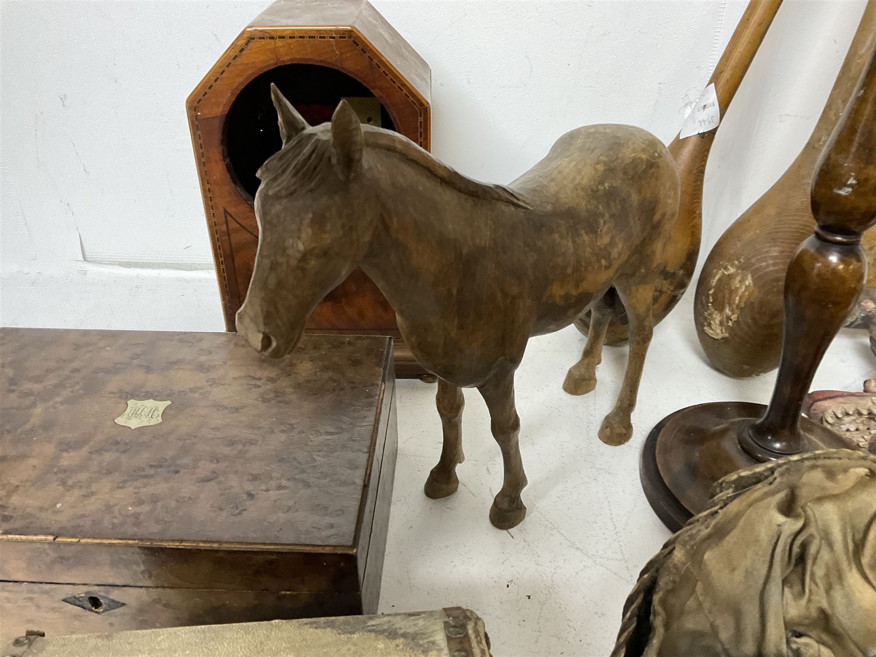 Taxidermy armadillo basket, mahogany clock case, burr walnut box, wooden exercise pins, satinwood pen tray with turned handles and a collection of other wooden collectables