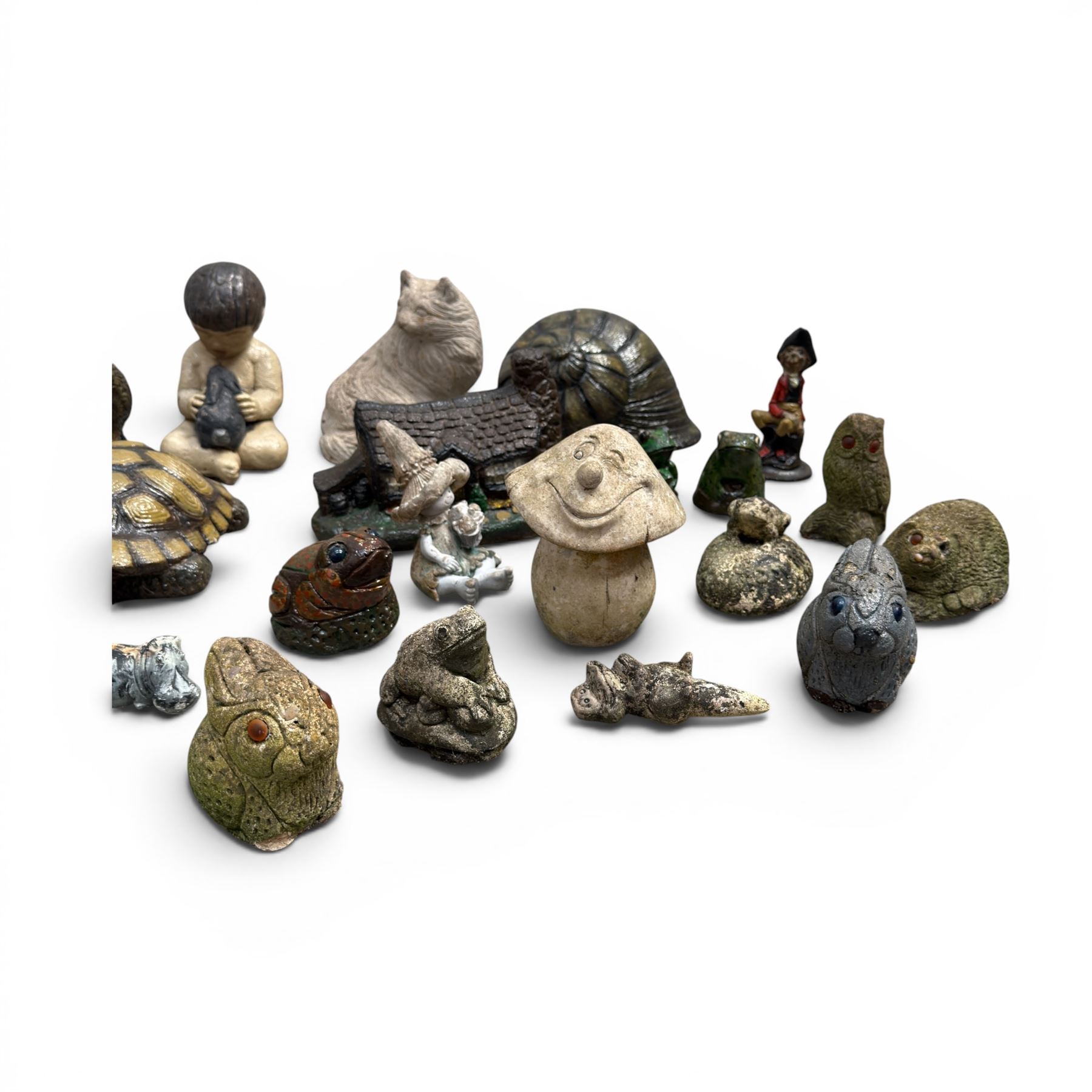 Collection of 33 small glazed cast stone garden animals and figures