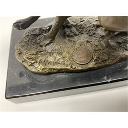 Bronze figure group, modelled as two hares in chase, upon a naturalistic base signed Nick and with foundry mark, raised upon a rectangular marble base, overall H12cm. 