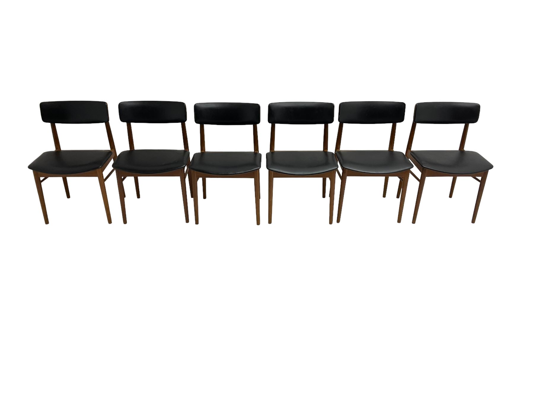 S Chrobat for Sax Mobler - set six mid-20th century Danish teak dining chairs, seat and back rail upholstered in black leatherette, raised on tapering supports