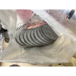 Great British and World coins and banknotes, including pre-decimal coinage, Britain's first decimal coins sets in blue folders, silver one yen coin converted into a brooch, commemorative crowns etc