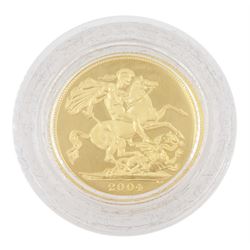 Queen Elizabeth II 2004 and 2005 gold proof full sovereign coins, forming the 'St George and The Dragon Gold Proof Sovereign Pair', housed in a Westminster case