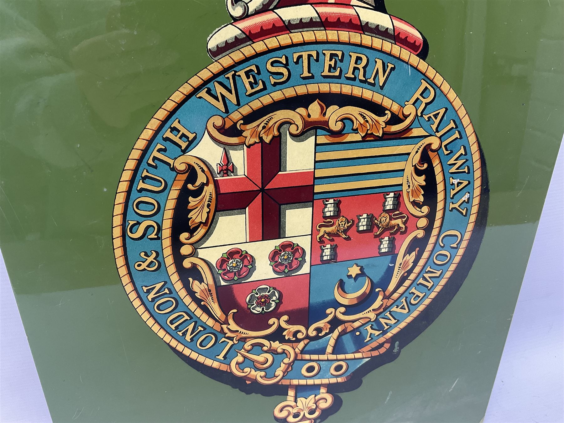 London & South Western Railway Company reproduction sign, upon a green ground, H51cm, W36cm