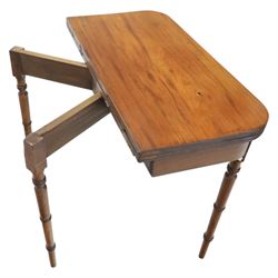 Mid-19th century mahogany console table, featuring extending fold-over top with double rear gate-leg action, raised on turned legs