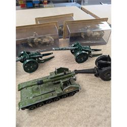 Collection of diecast military vehicles, including Dinky, Matchbox and Solido examples, mostly unboxed tanks