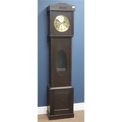  Early 20th century oak longcase clock, brass Roman dial with three train movement chiming the quarter hours on rods, H169cm   